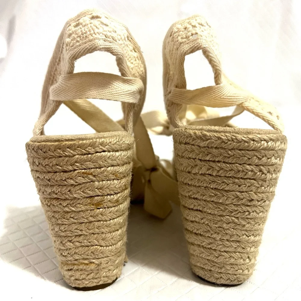 Mudd Y2K Platform Lace Up Espadrilles Peep Toe Crochet Cream White Size 6.5-7